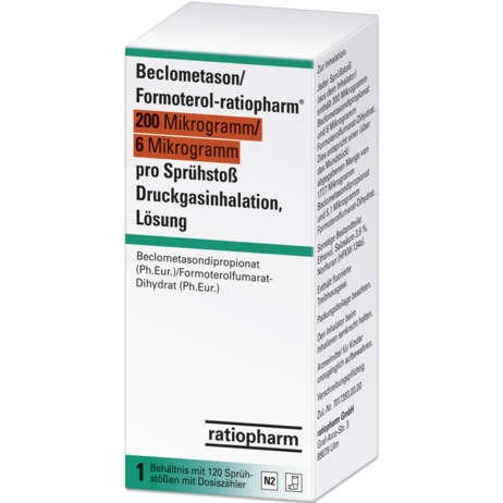 Beclometason/Formoterol-ratiopharm® 200&nbsp;Mikrogramm/6&nbsp;Mikrogramm pro Sprühstoß Druckgasinhalation, Lösung