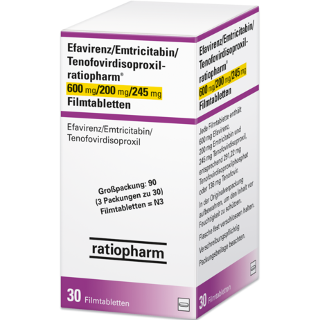 Efavirenz/Emtricitabin/Tenofovirdisoproxil-ratiopharm® 600&nbsp;mg/200&nbsp;mg/245&nbsp;mg Filmtabletten