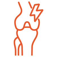 Grafische Darstellung eines Kniegelenks mit einem Blitzsymbol daneben.