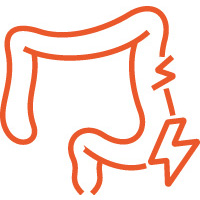 Grafische Darstellung eines Darms mit einem Blitzsymbol am unteren rechten Bereich.