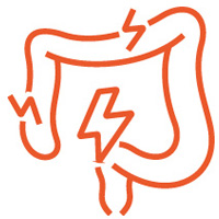 Grafische Darstellung eines Darms mit mehreren Blitzsymbolen.