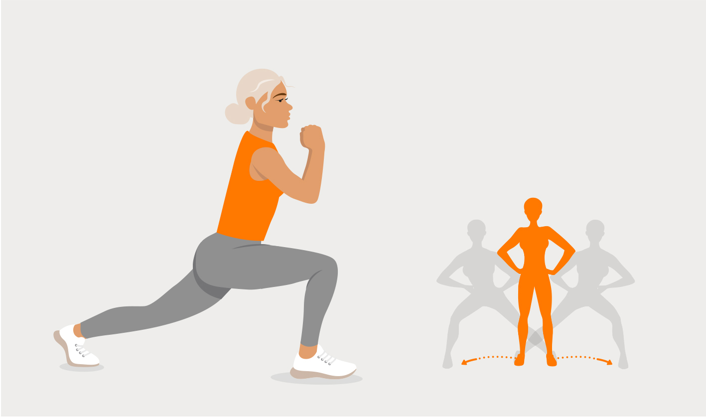 Person steht im Ausfallschritt, das hintere Bein gestreckt, der Oberkörper leicht nach vorne verlagert