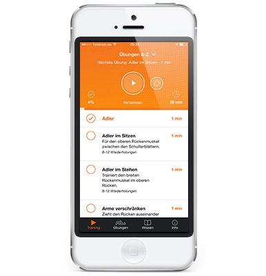 In einem Smartphone ist die App "Rückenschule" geöffnet.