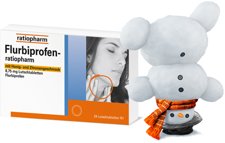 Schneemann auf dem Kopf stehend mit Produktabbildung