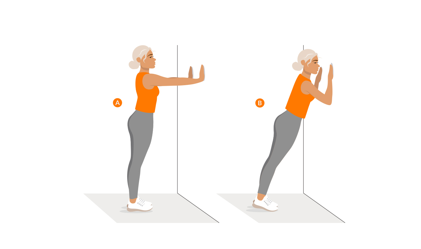 Person führt Liegestütze an der Wand aus, gezeigt in zwei Bewegungsphasen von vorne