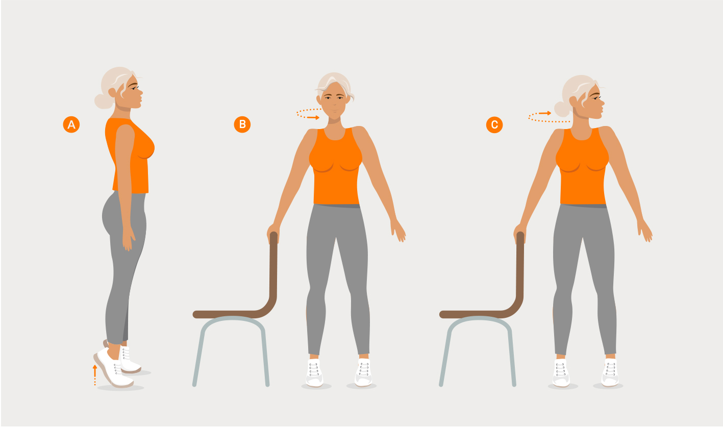 Person steht im Zehenstand und dreht den Kopf von der einen Seite zur anderen