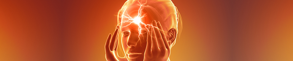 Cluster-Kopfschmerzen Illustration eines Schädels mit einem Schmerzimpuls auf Stirn und hinter dem Auge