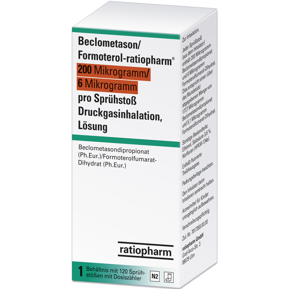 Beclometason/Formoterol-ratiopharm® 200&nbsp;Mikrogramm/6&nbsp;Mikrogramm pro Sprühstoß Druckgasinhalation, Lösung